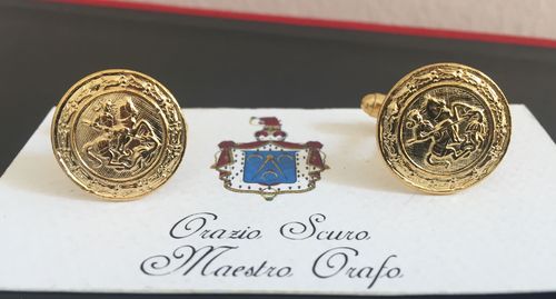Gemelli per camicia San Giorgio e il drago in argento 925 placcato oro a 24 ct.